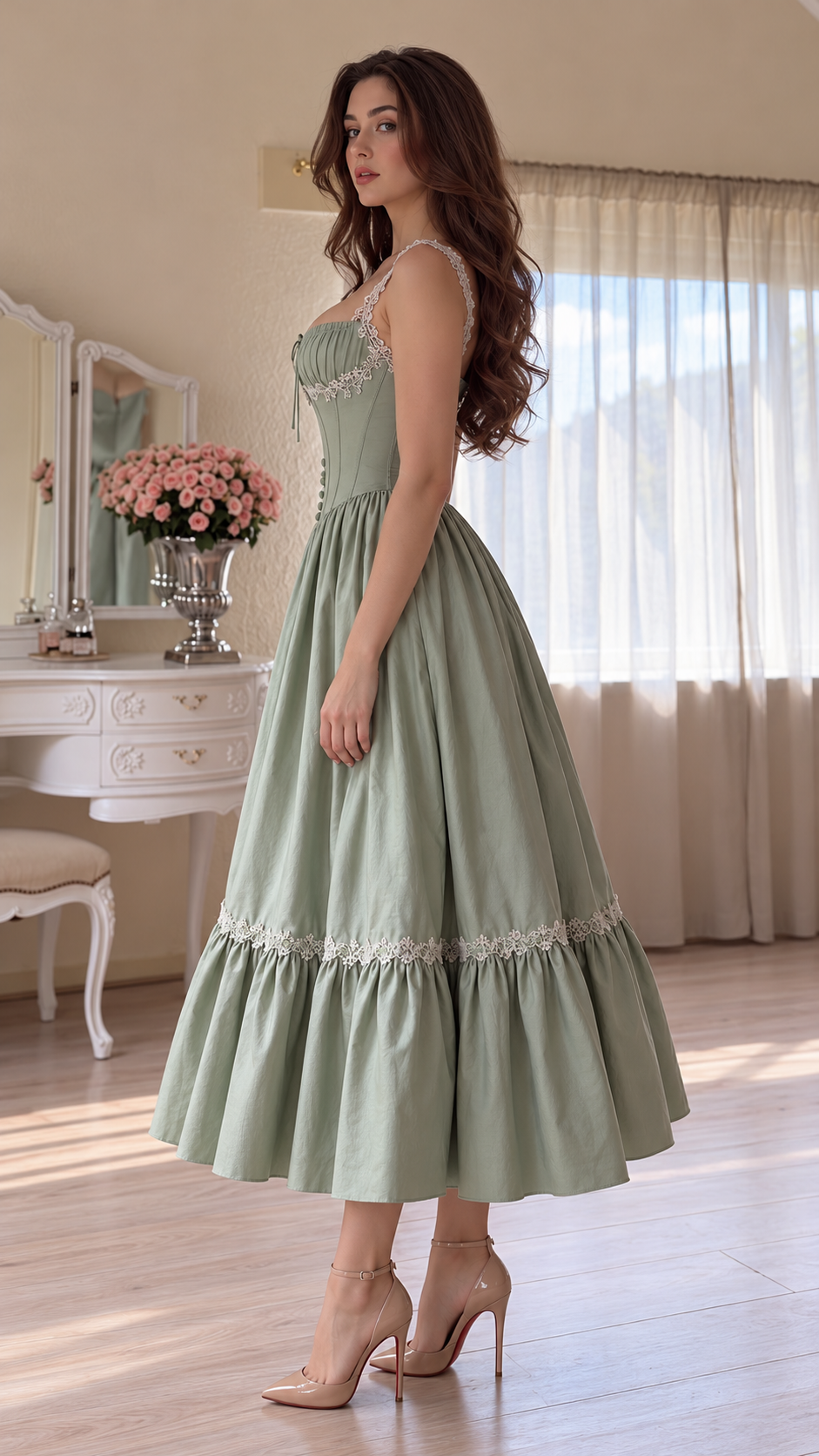 Evelisse Lace-Trim Corset Ruffle Midi Dress