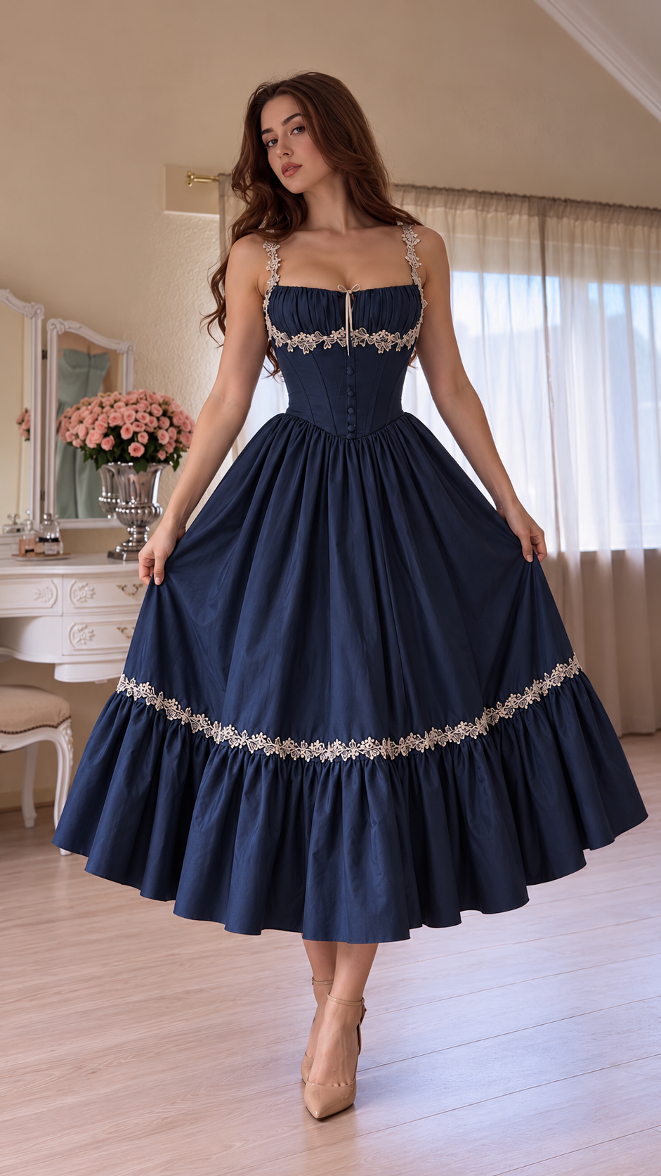 Evelisse Lace-Trim Corset Ruffle Midi Dress