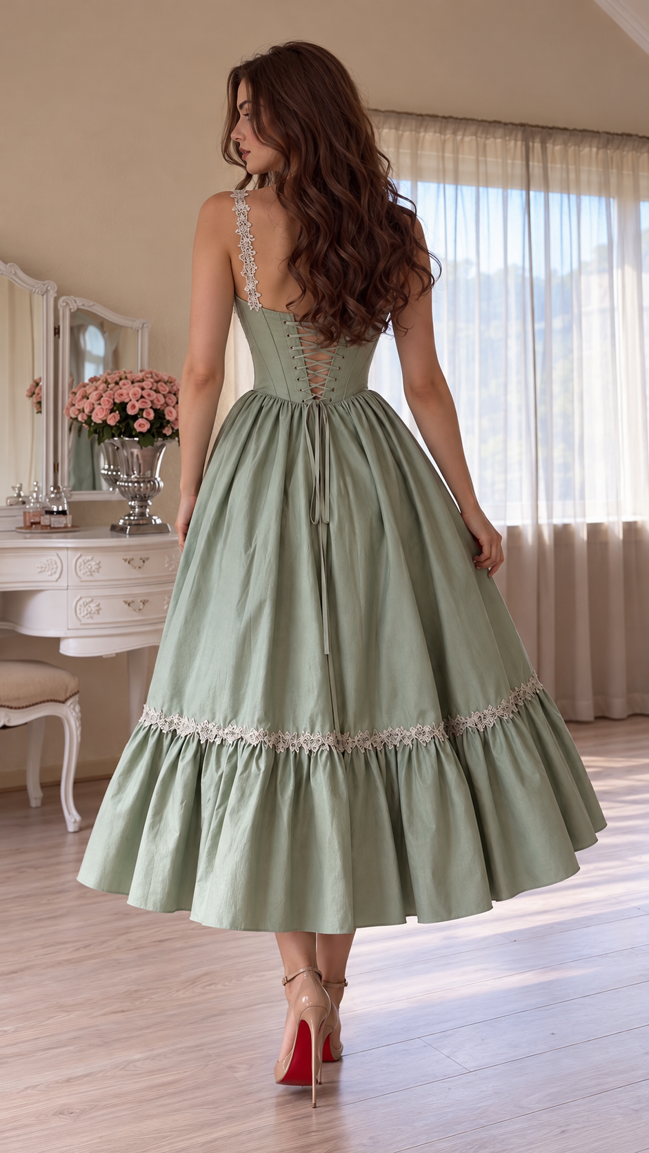 Evelisse Lace-Trim Corset Ruffle Midi Dress