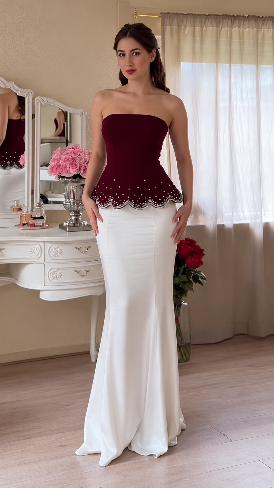 Evelisse Rhinestone Peplum Strapless Maxi Dress