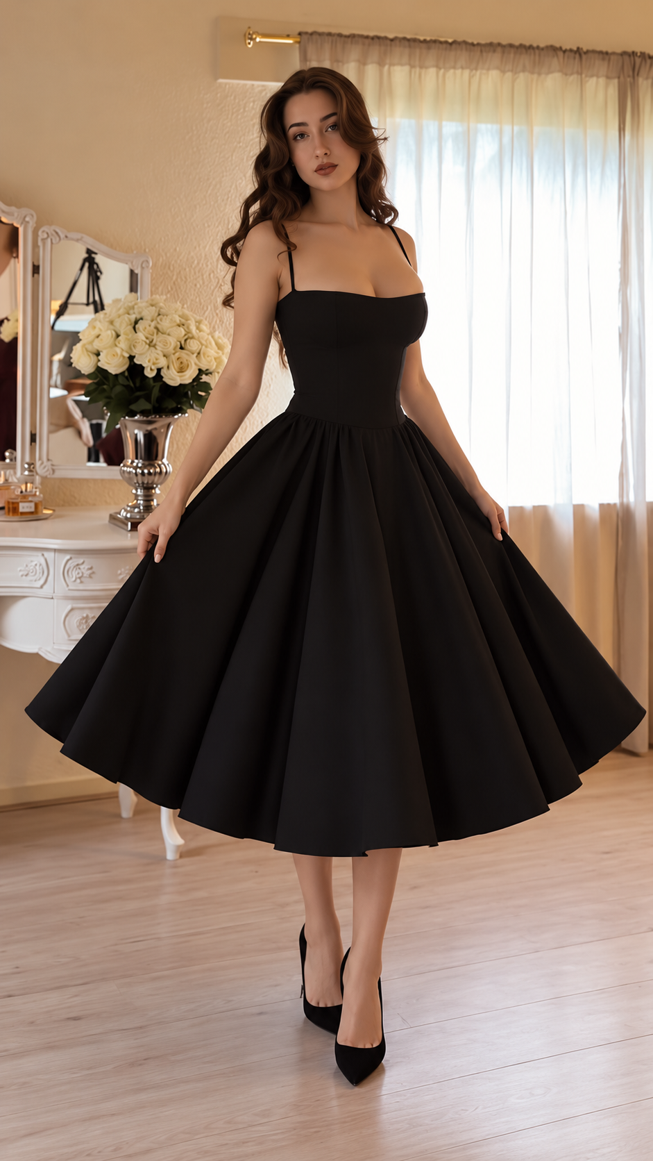 Vivienne Spaghetti Strap Full-Skirt Midi Dress