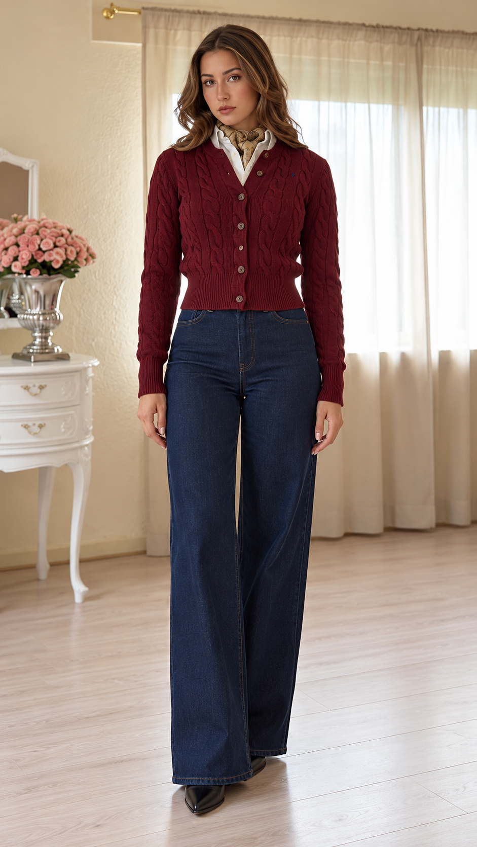 Aveline Cable Knit Cardigan & Wide-Leg Jeans Set