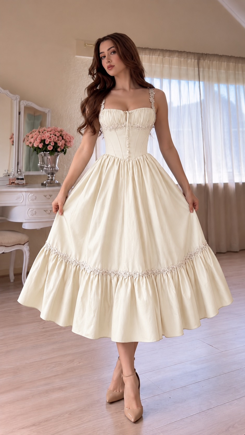Evelisse Lace-Trim Corset Ruffle Midi Dress