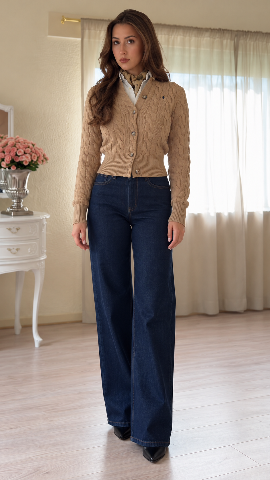 Aveline Cable Knit Cardigan & Wide-Leg Jeans Set