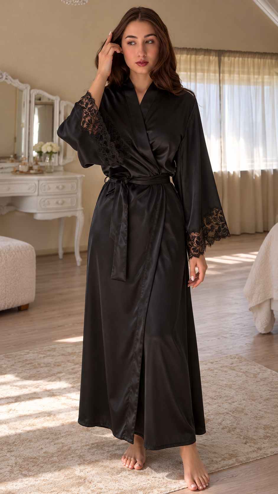 Seraphina Lace-Trim Satin Robe