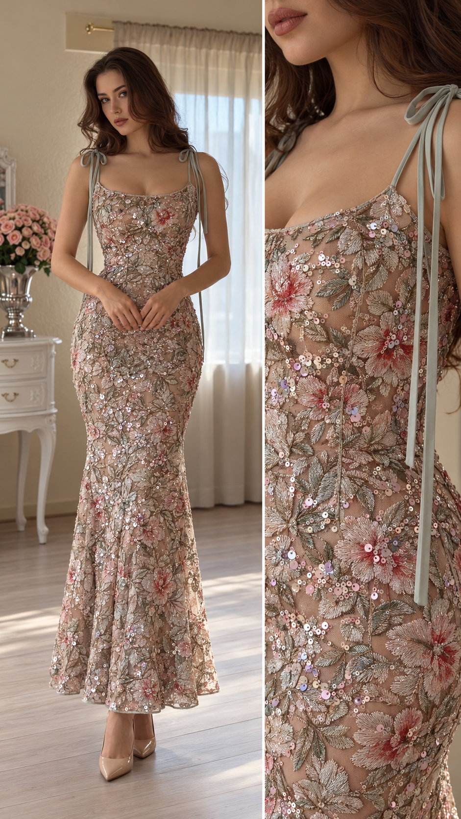 Florelle Floral Sequin Tie-Shoulder Maxi Dress