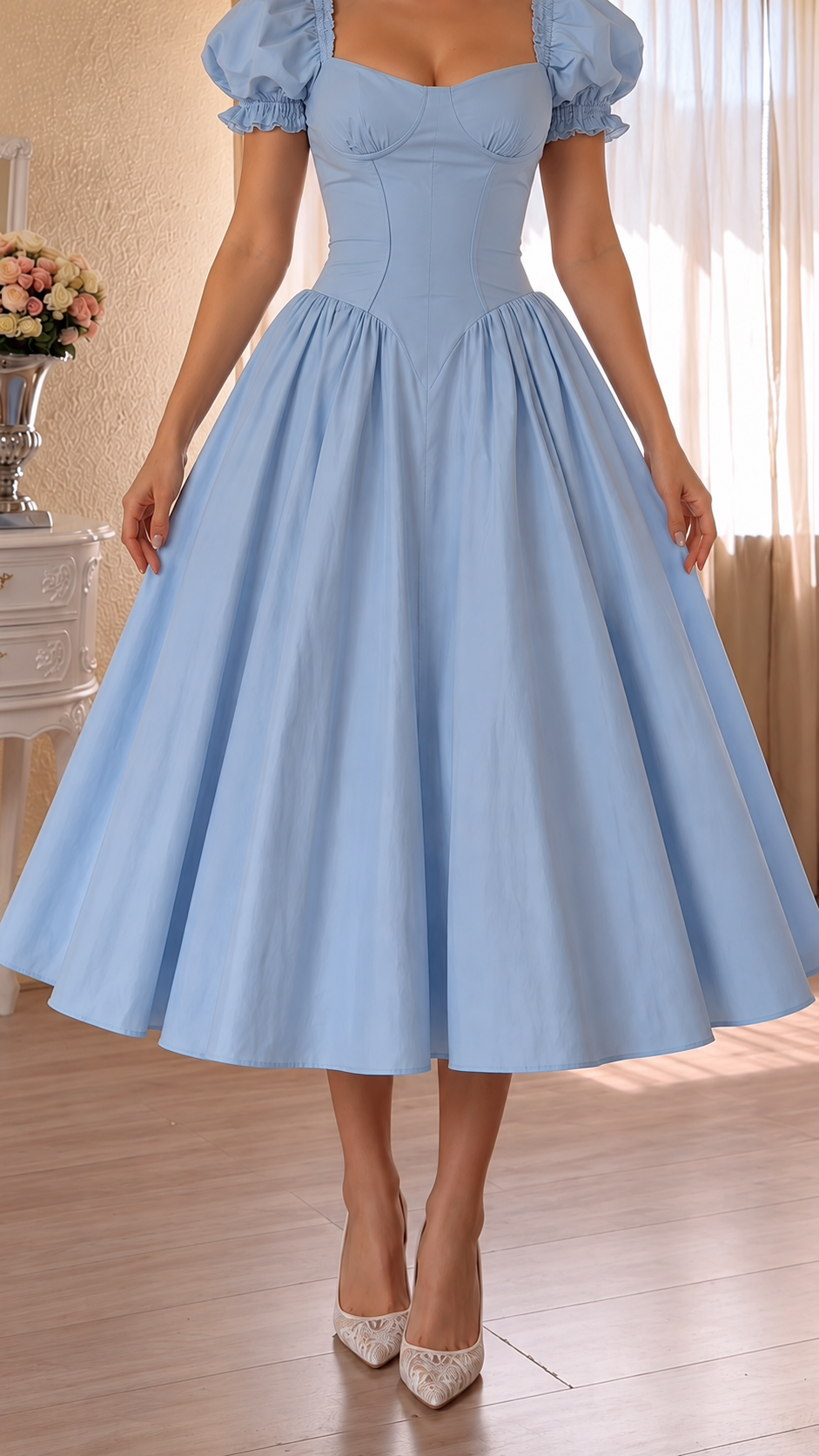 Celestia Puff Sleeve Corset Midi Dress