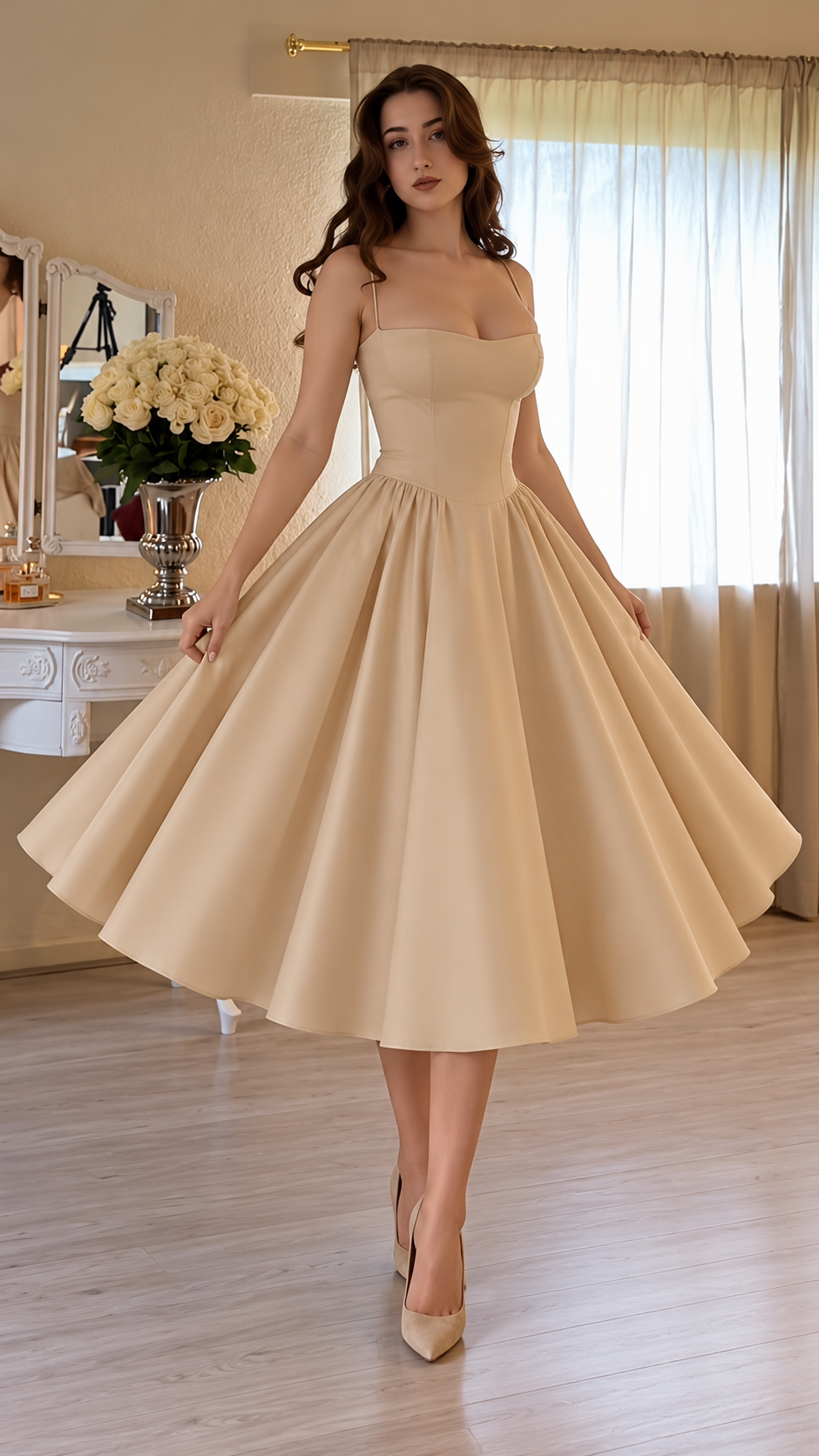 Vivienne Spaghetti Strap Full-Skirt Midi Dress
