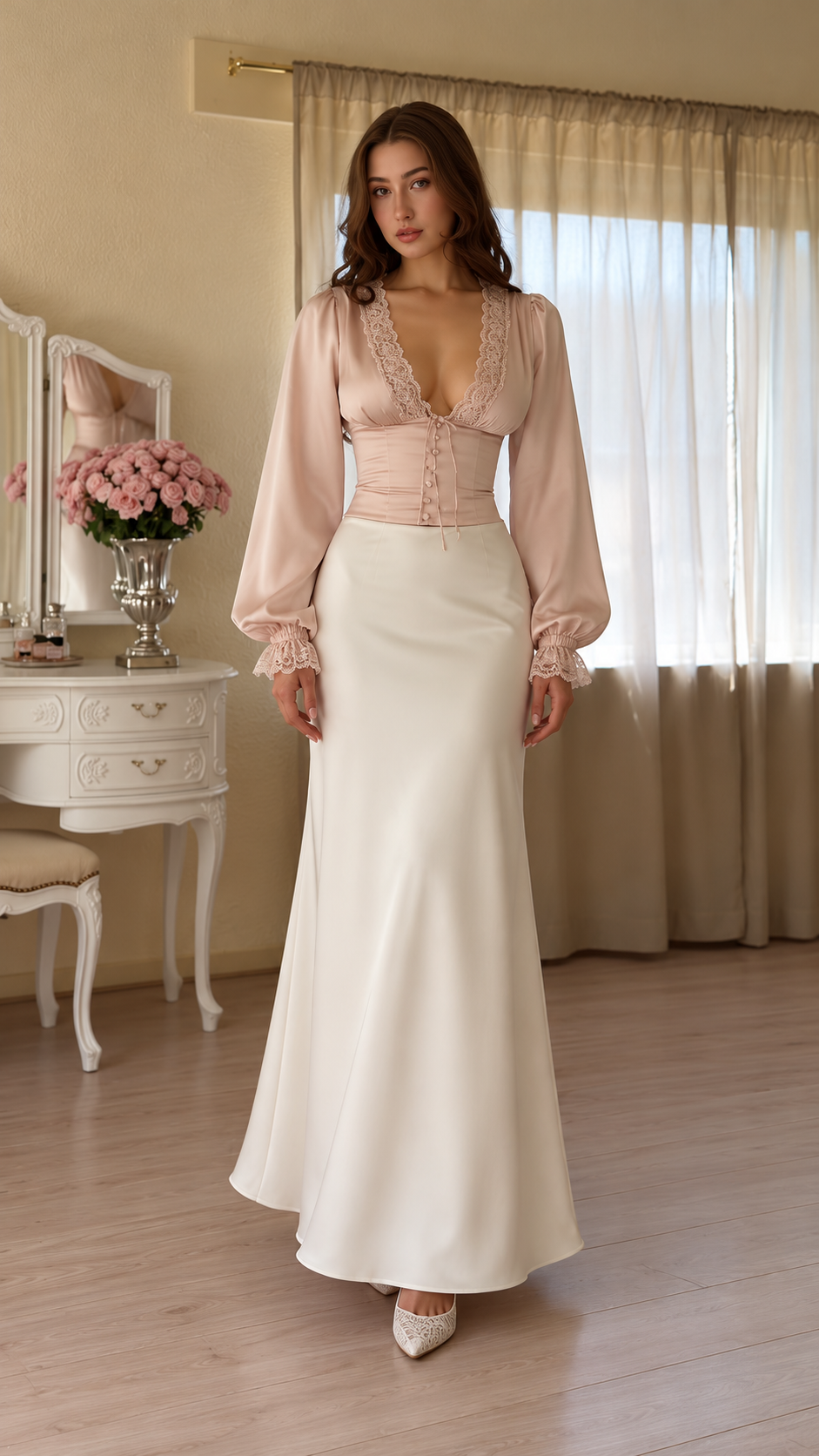 Avelienne Lace-Trim Blouse & Maxi Skirt Set