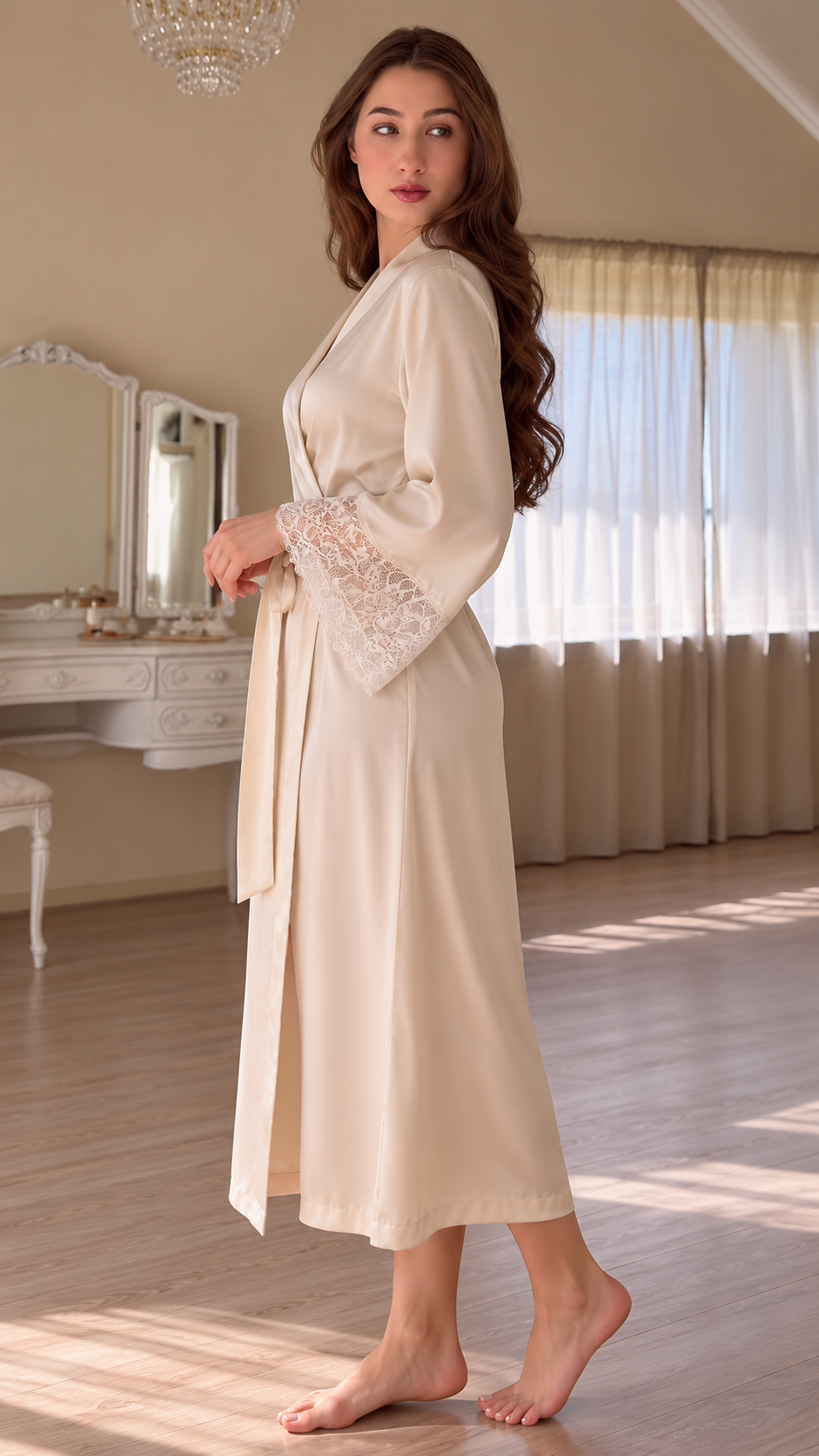 Seraphina Lace-Trim Satin Robe
