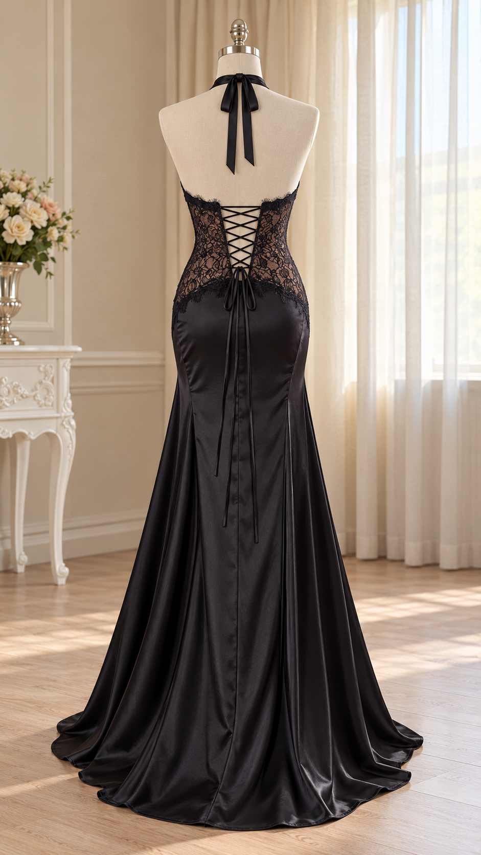 Serenelle Lace Halter Satin Maxi Dress