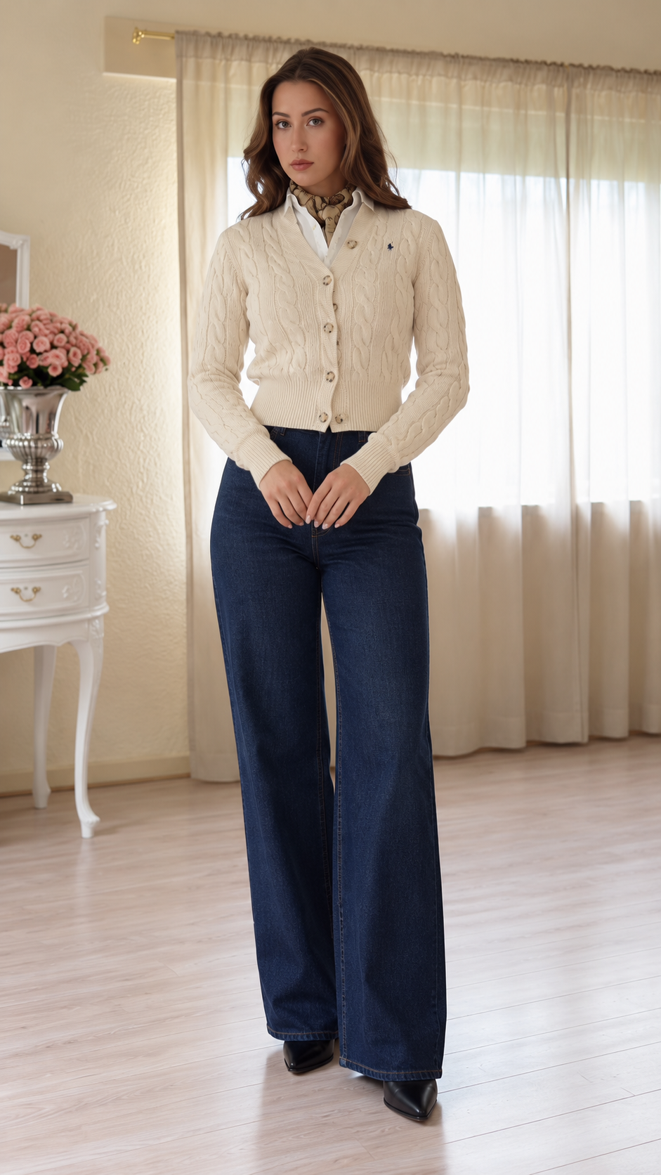Aveline Cable Knit Cardigan & Wide-Leg Jeans Set