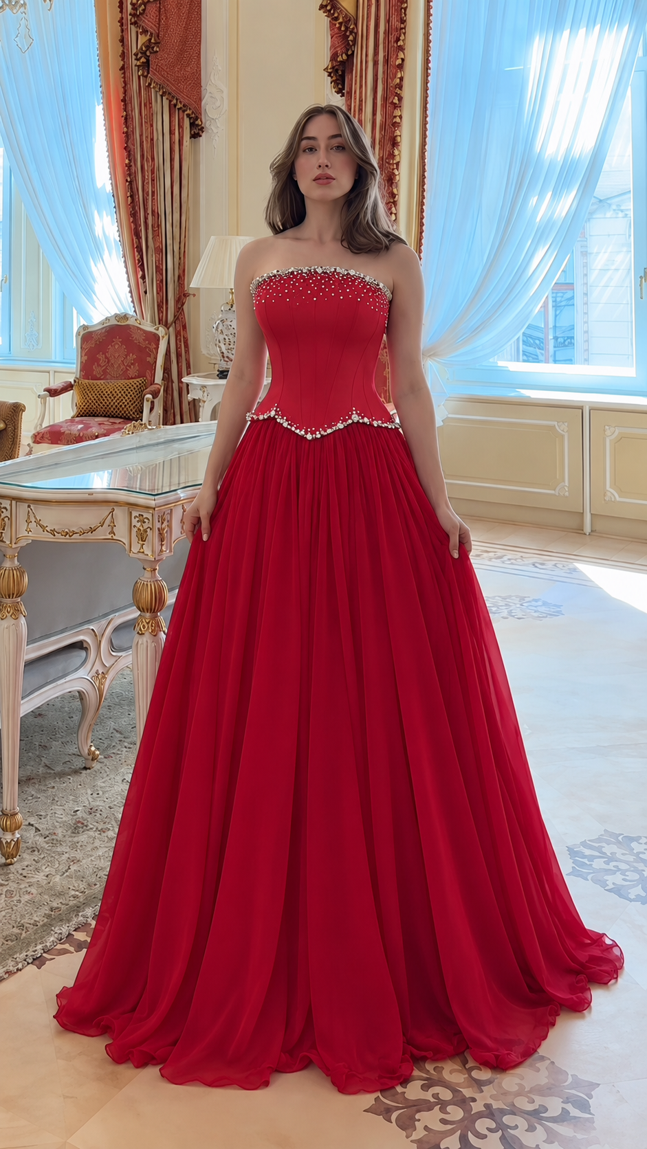Aurevienne Rhinestone Strapless Corset Maxi Dress