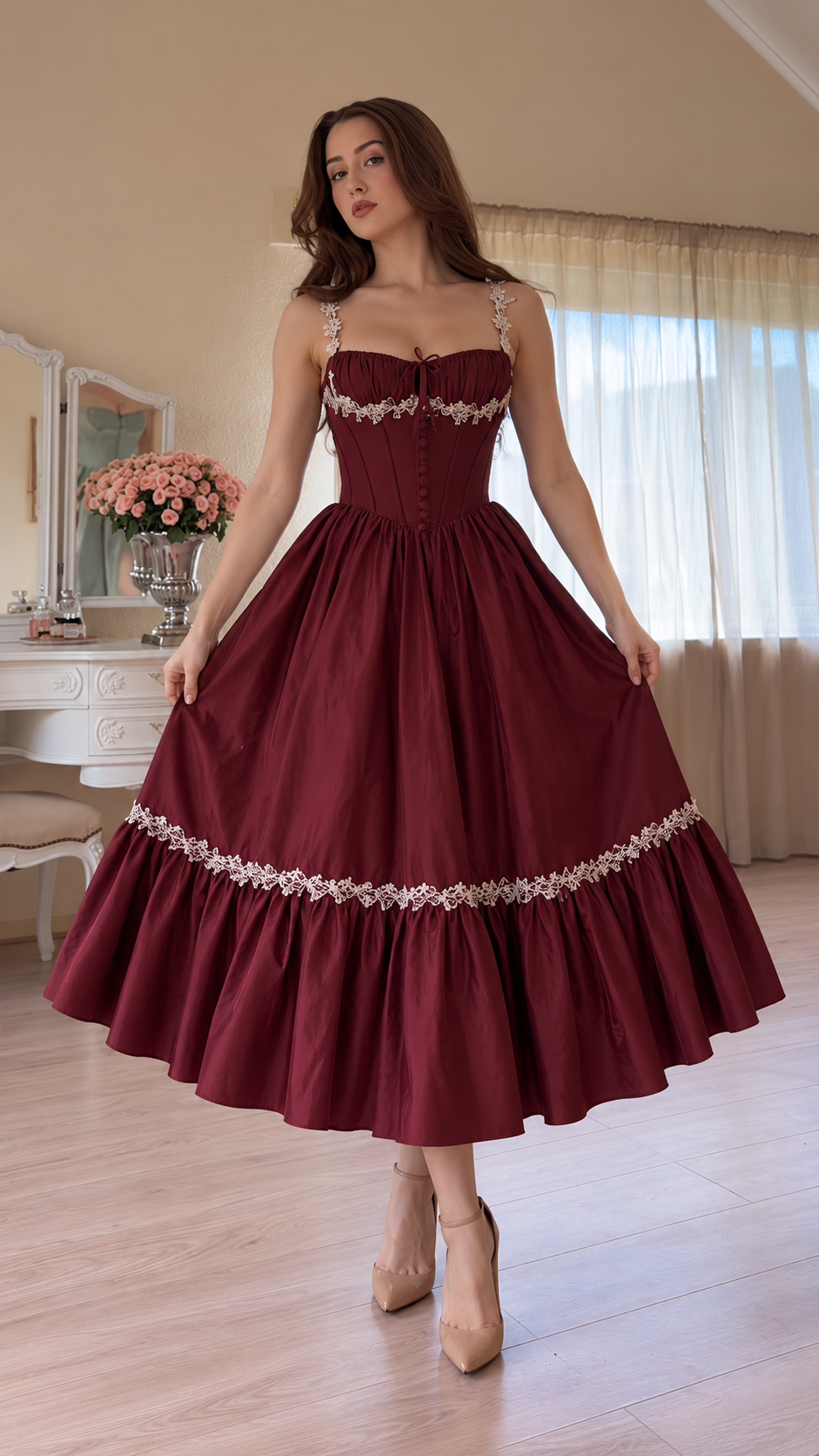 Evelisse Lace-Trim Corset Ruffle Midi Dress