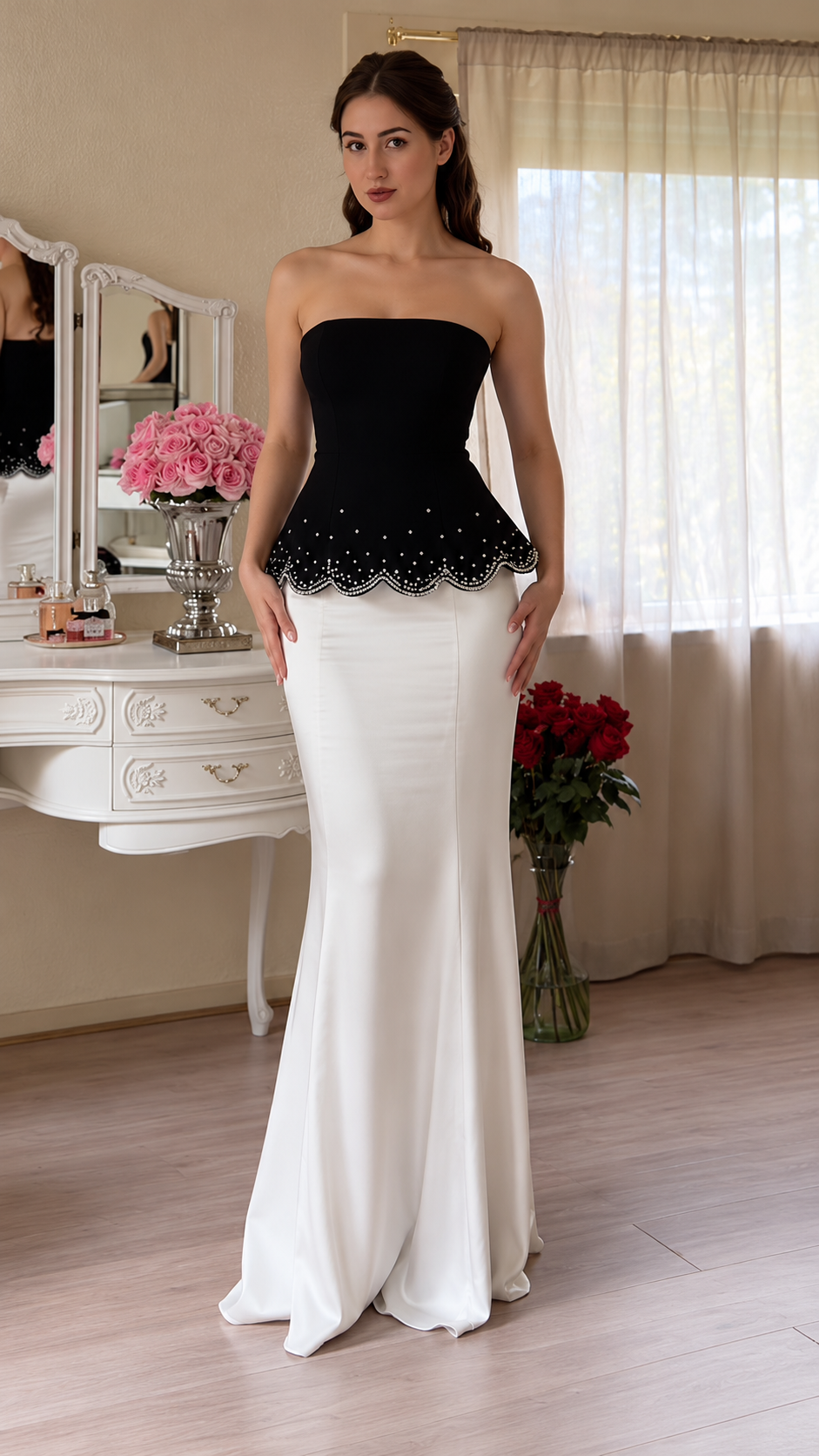 Evelisse Rhinestone Peplum Strapless Maxi Dress
