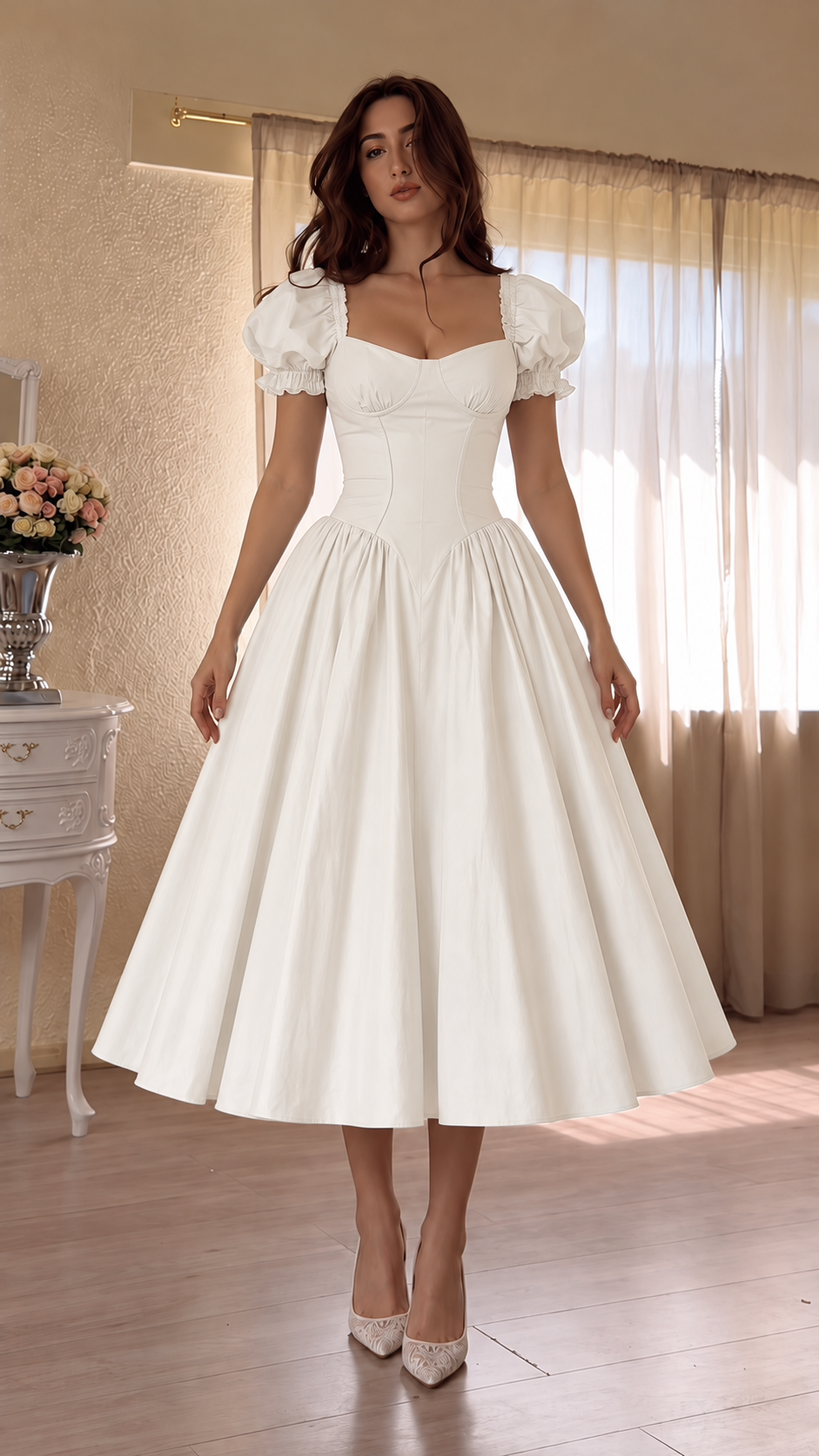 Celestia Puff Sleeve Corset Midi Dress
