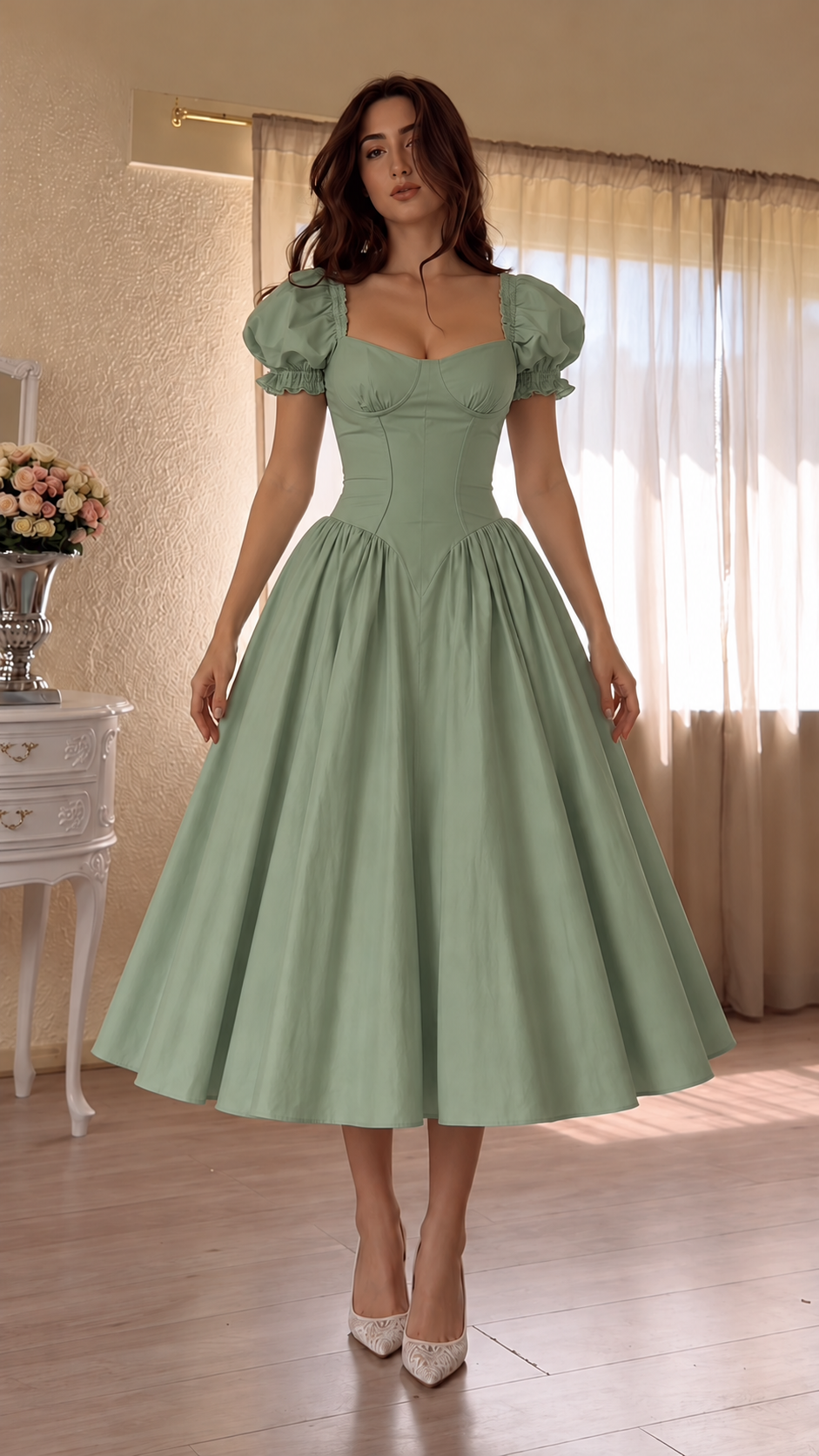 Celestia Puff Sleeve Corset Midi Dress