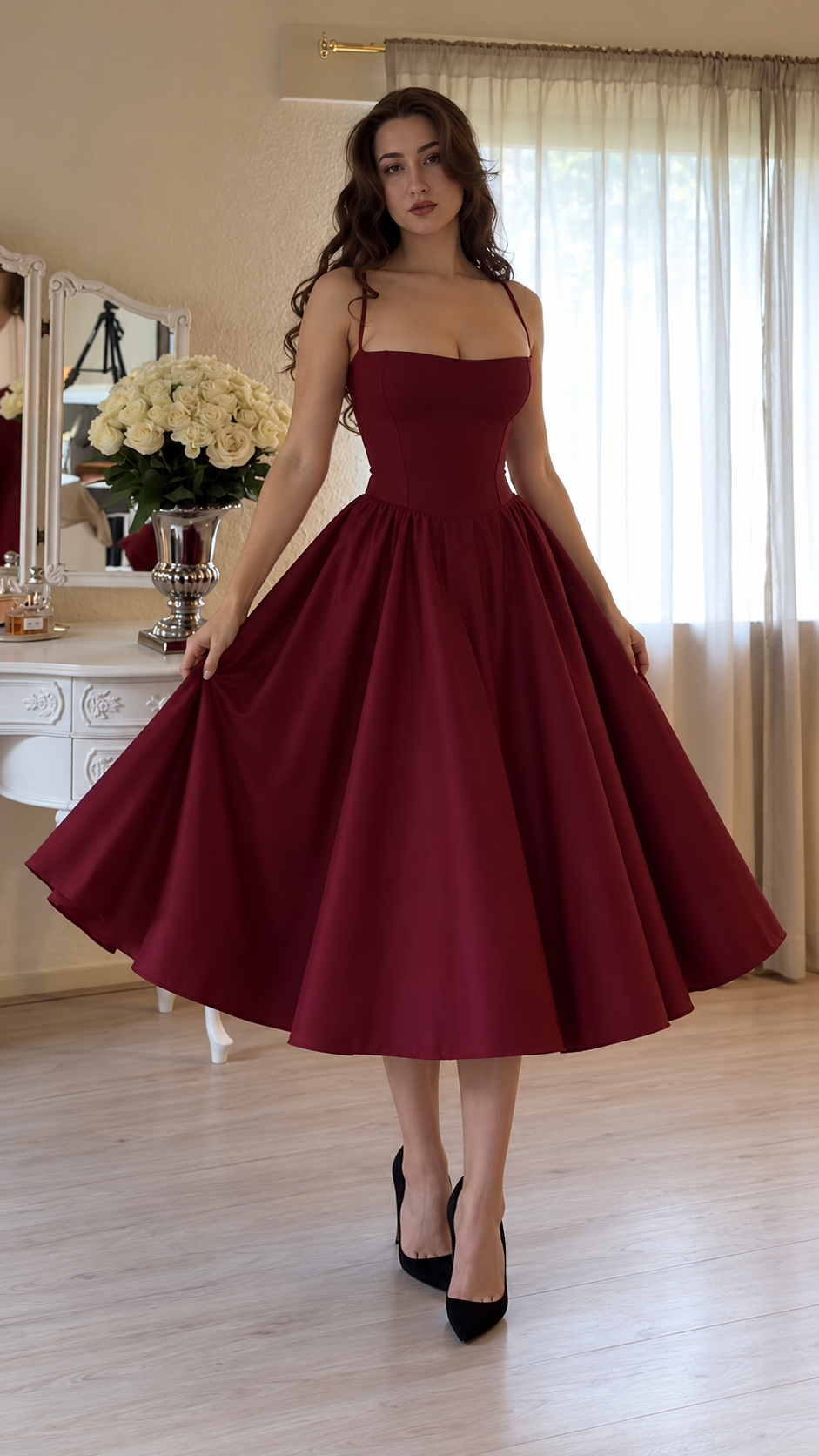 Vivienne Spaghetti Strap Full-Skirt Midi Dress