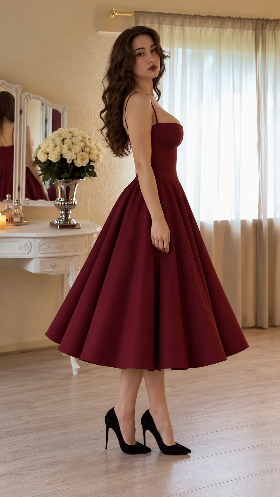 Vivienne Spaghetti Strap Full-Skirt Midi Dress