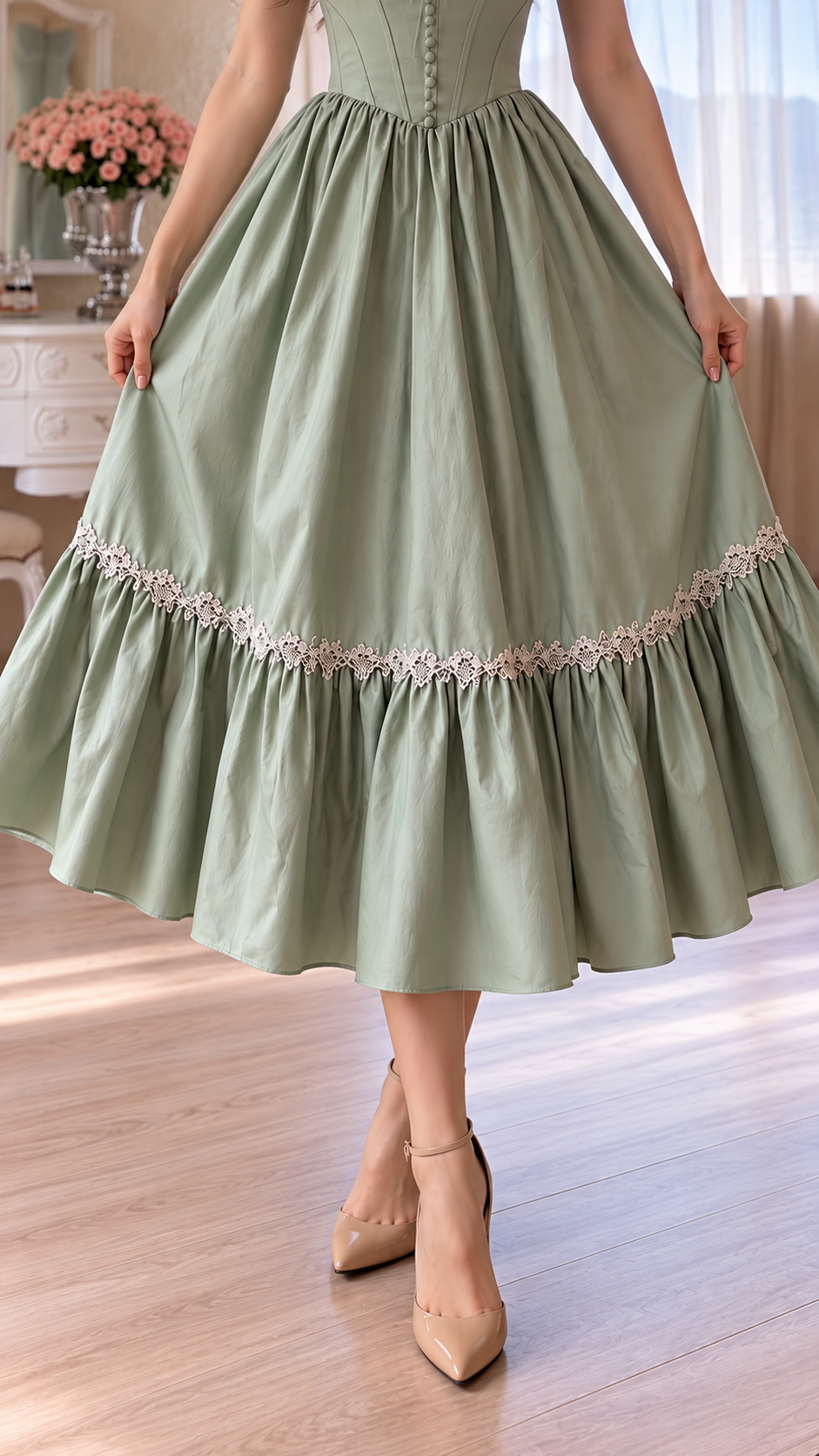 Evelisse Lace-Trim Corset Ruffle Midi Dress