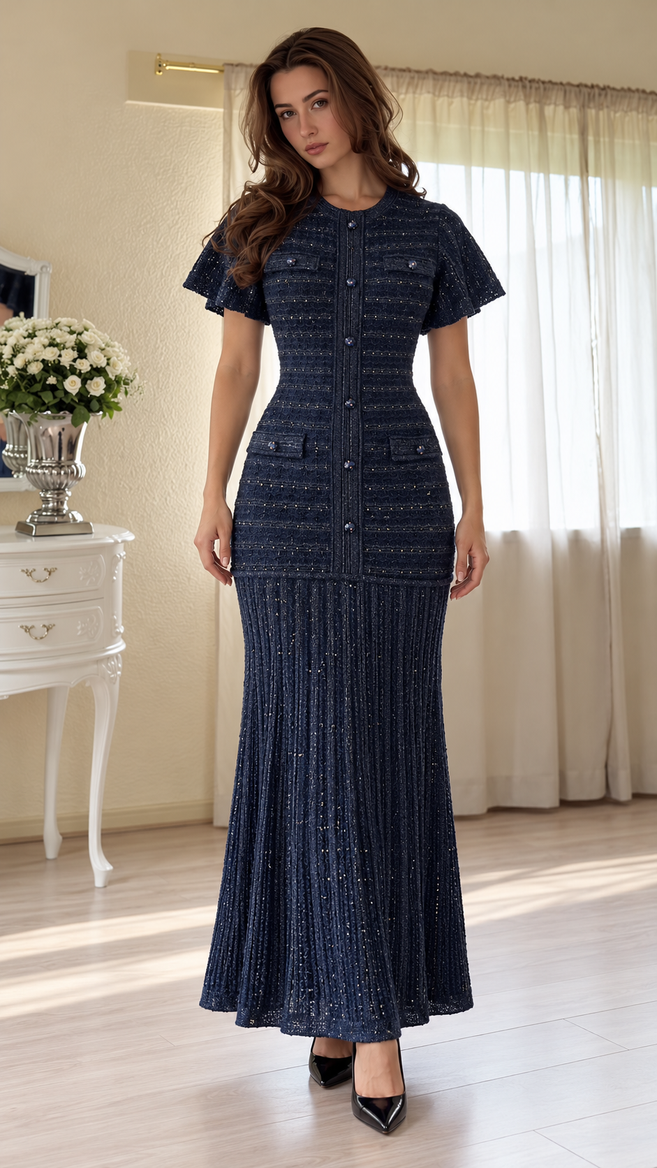 Vivienne Shimmer Knit Flutter Sleeve Maxi Dress