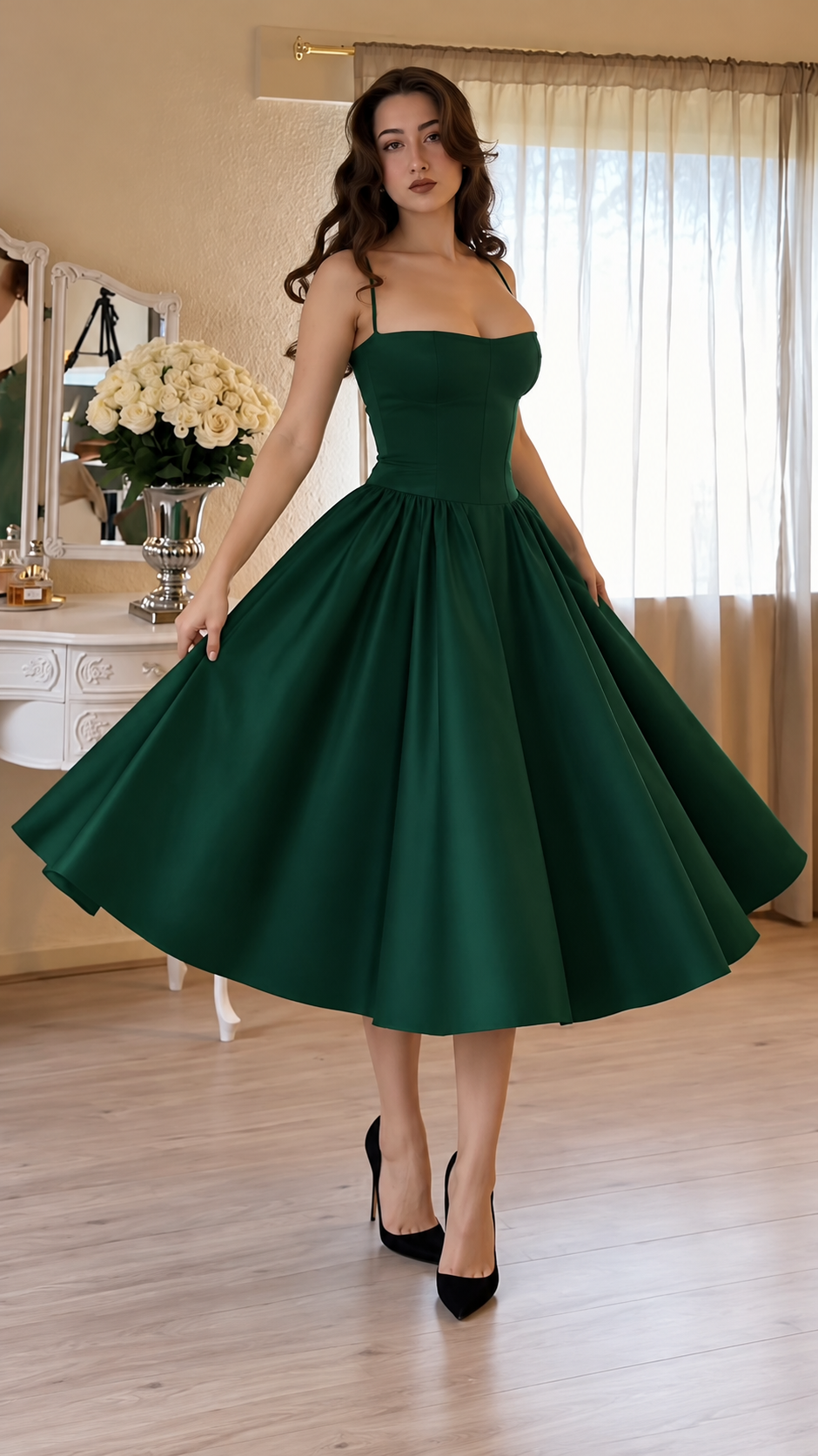Vivienne Spaghetti Strap Full-Skirt Midi Dress