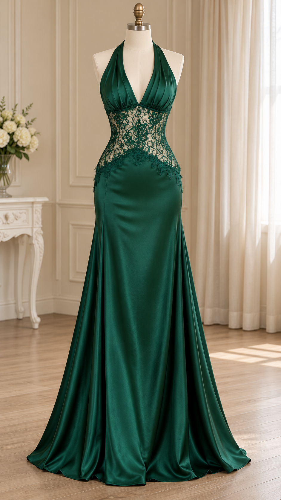 Serenelle Lace Halter Satin Maxi Dress