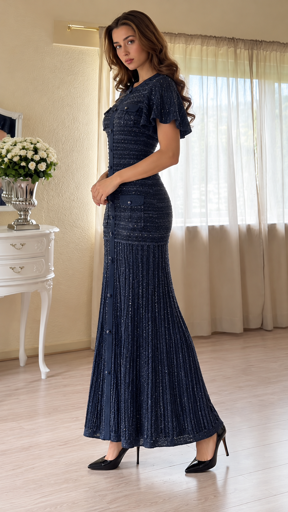 Vivienne Shimmer Knit Flutter Sleeve Maxi Dress