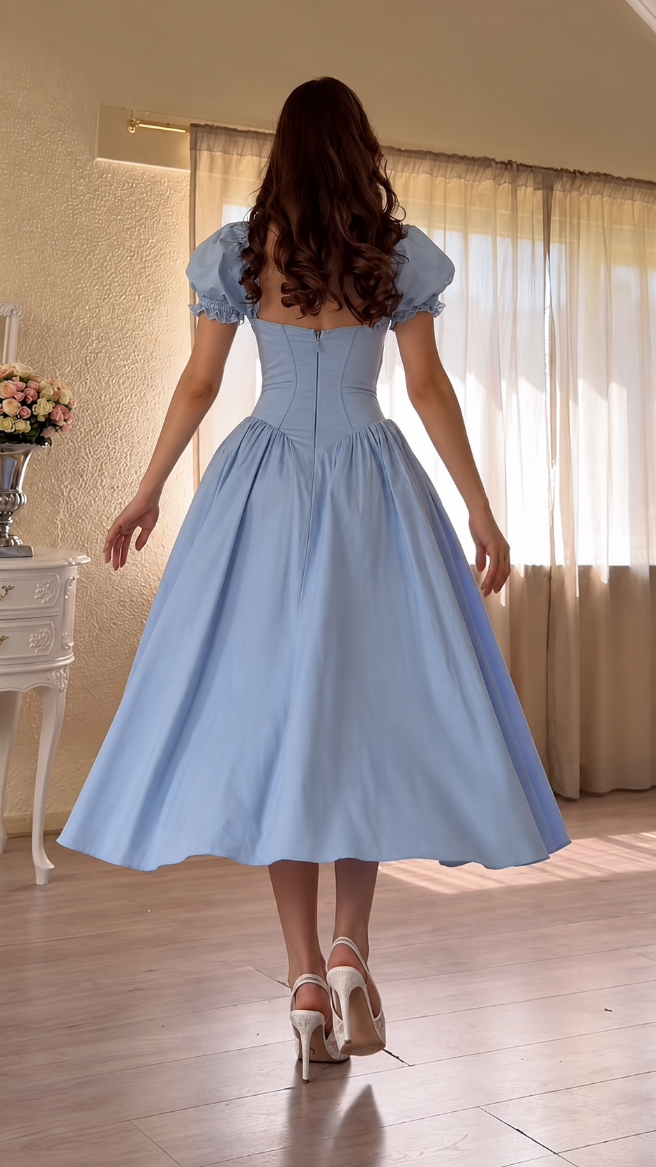 Celestia Puff Sleeve Corset Midi Dress