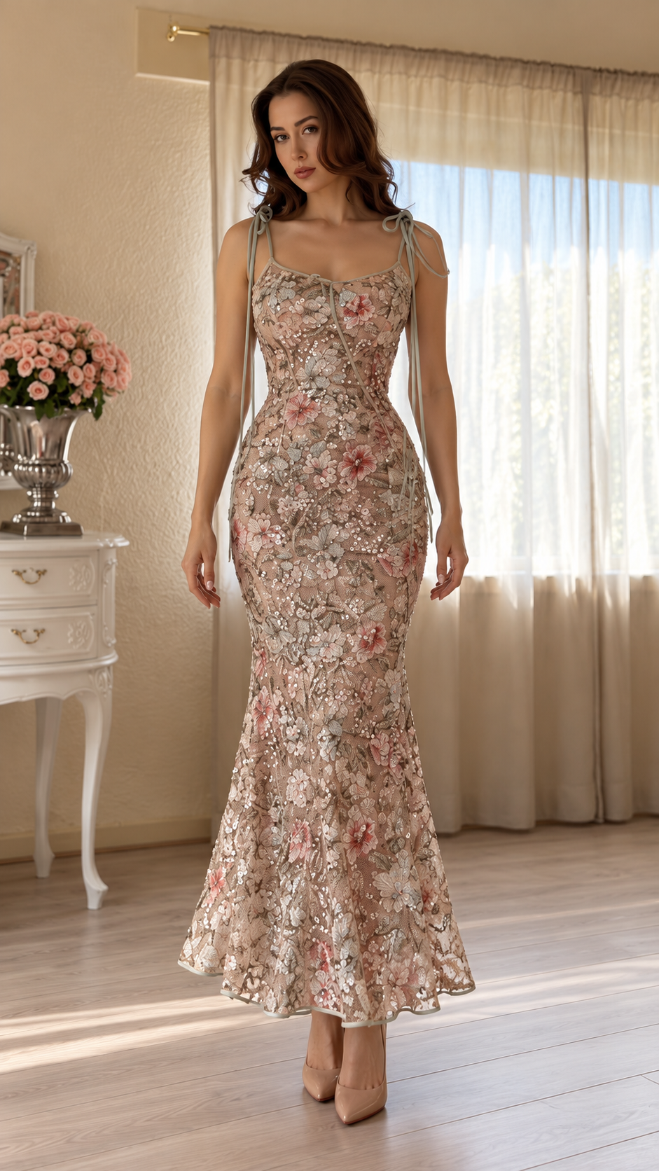 Florelle Floral Sequin Tie-Shoulder Maxi Dress