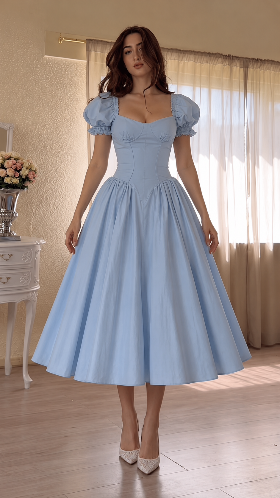Celestia Puff Sleeve Corset Midi Dress