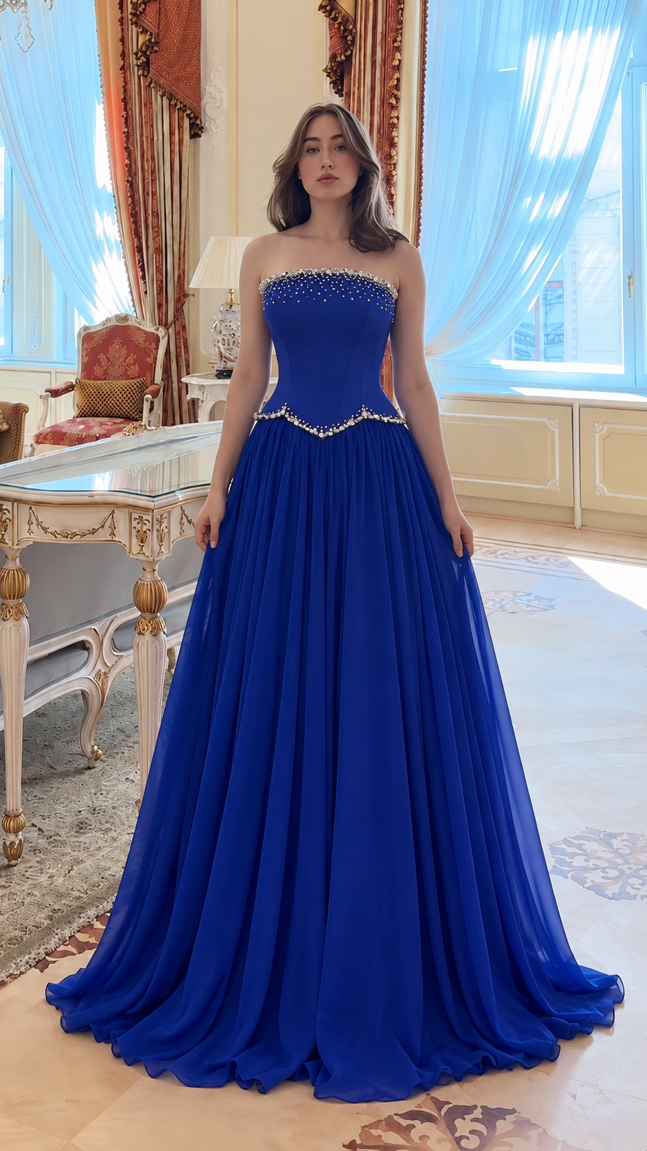 Aurevienne Rhinestone Strapless Corset Maxi Dress