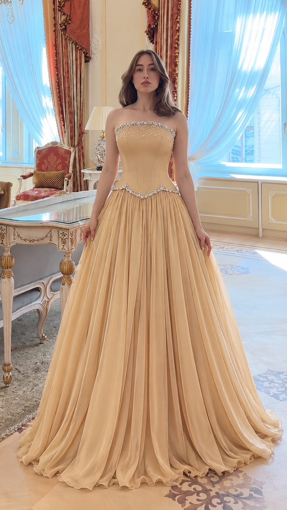 Aurevienne Rhinestone Strapless Corset Maxi Dress