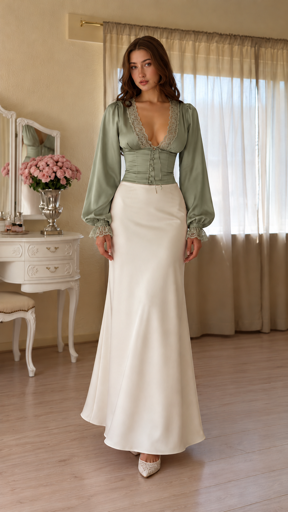 Avelienne Lace-Trim Blouse & Maxi Skirt Set
