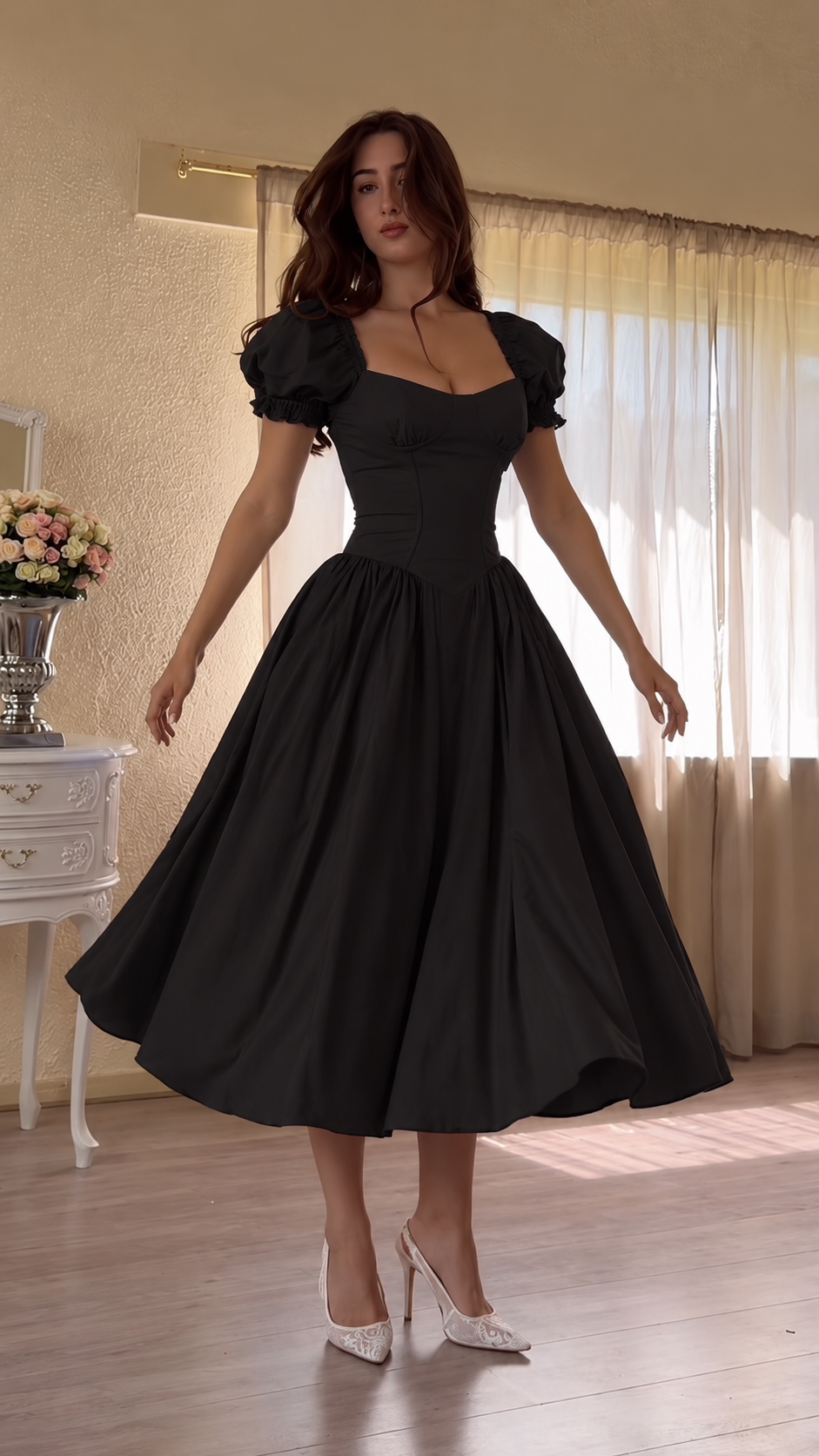 Celestia Puff Sleeve Corset Midi Dress
