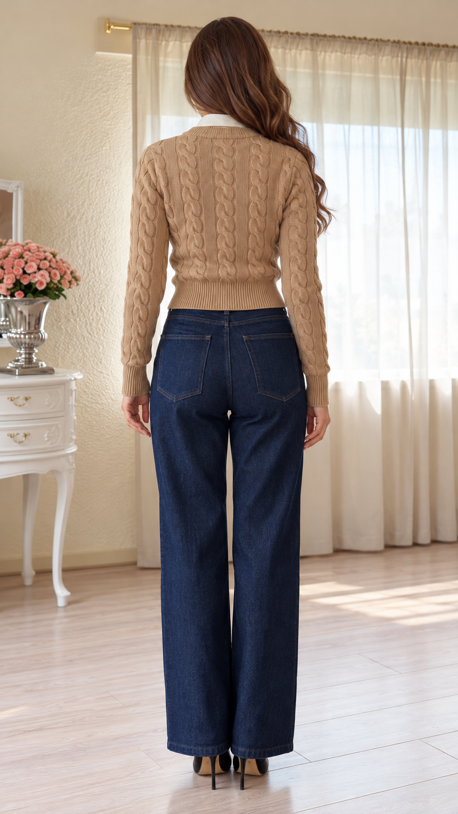 Aveline Cable Knit Cardigan & Wide-Leg Jeans Set