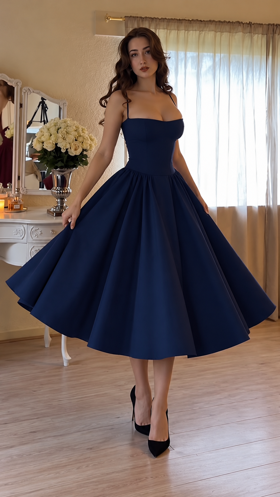 Vivienne Spaghetti Strap Full-Skirt Midi Dress