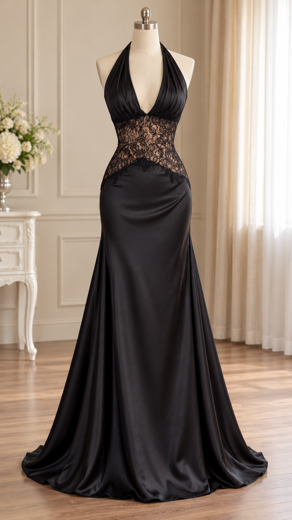 Serenelle Lace Halter Satin Maxi Dress