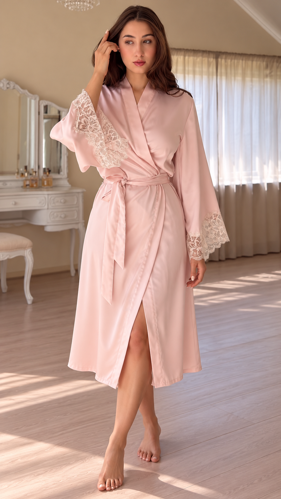 Seraphina Lace-Trim Satin Robe