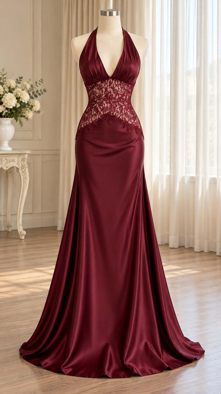 Serenelle Lace Halter Satin Maxi Dress