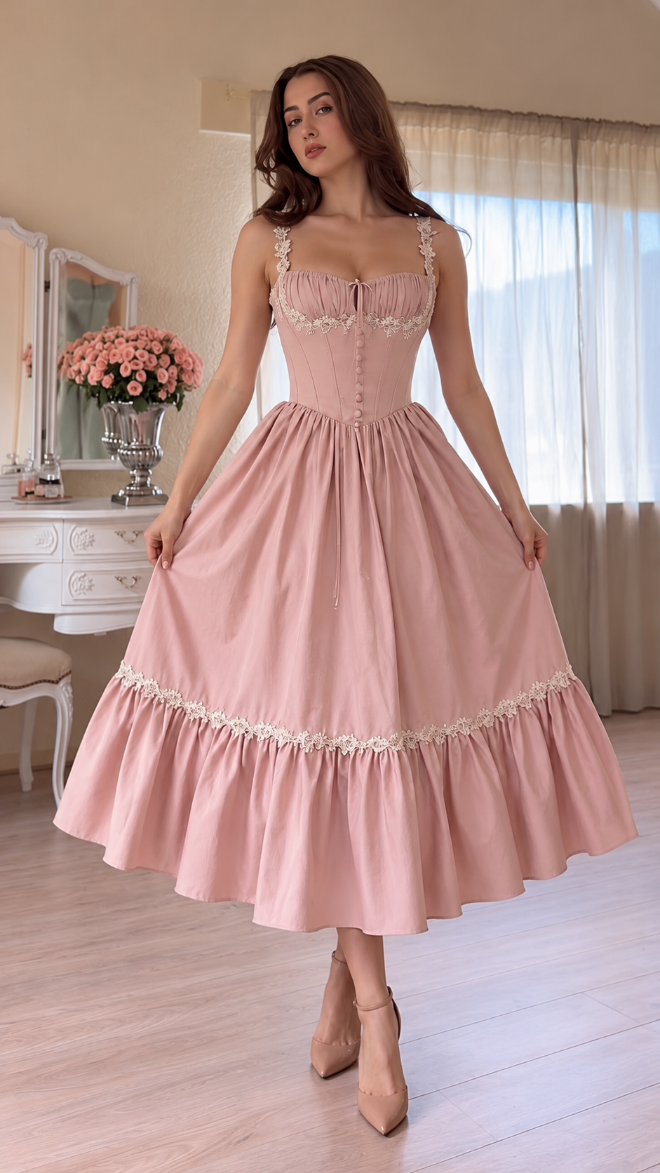 Evelisse Lace-Trim Corset Ruffle Midi Dress