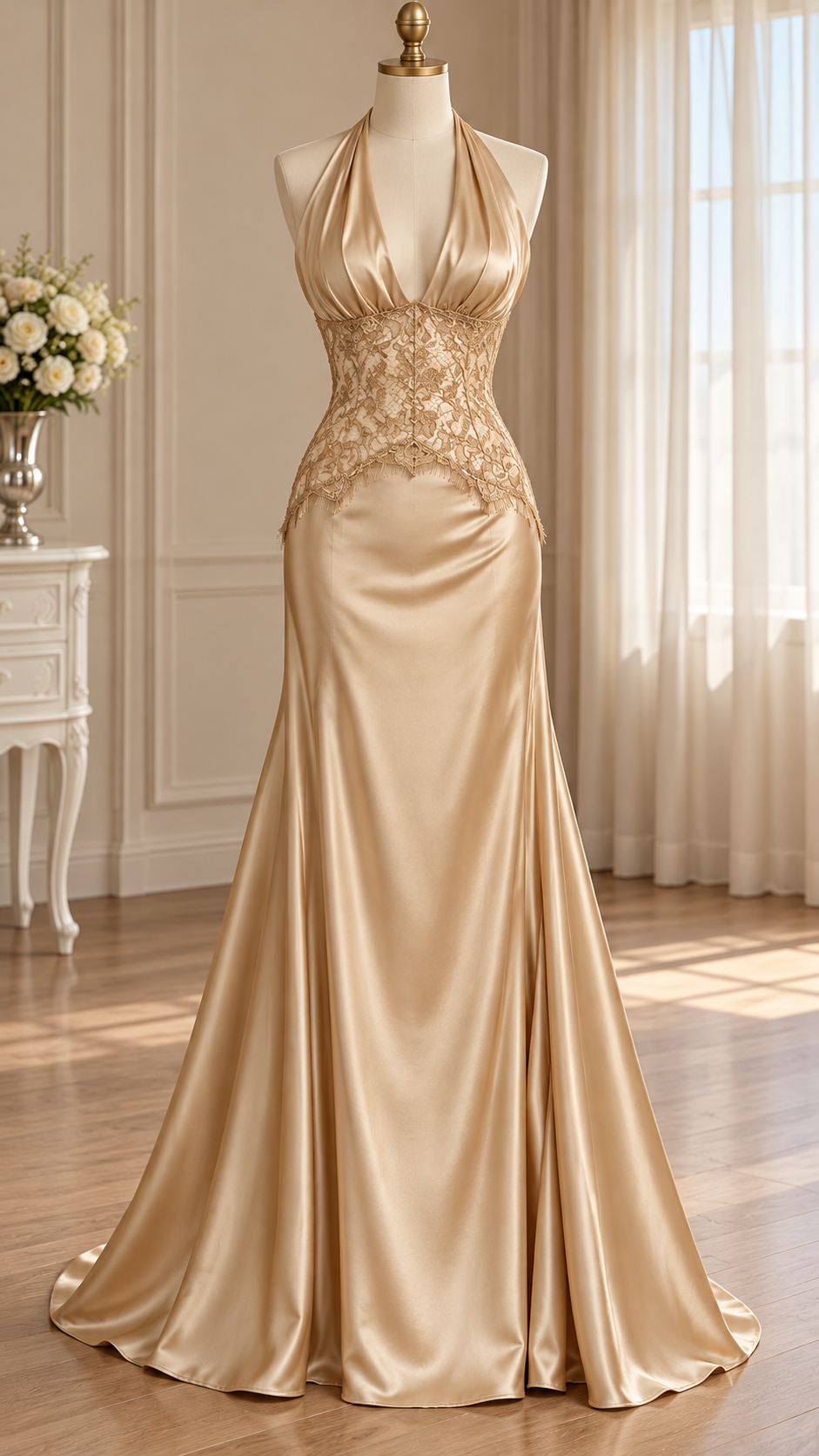 Serenelle Lace Halter Satin Maxi Dress