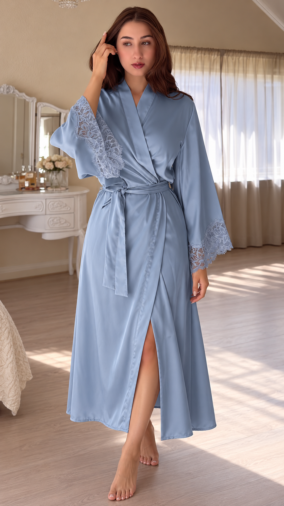 Seraphina Lace-Trim Satin Robe