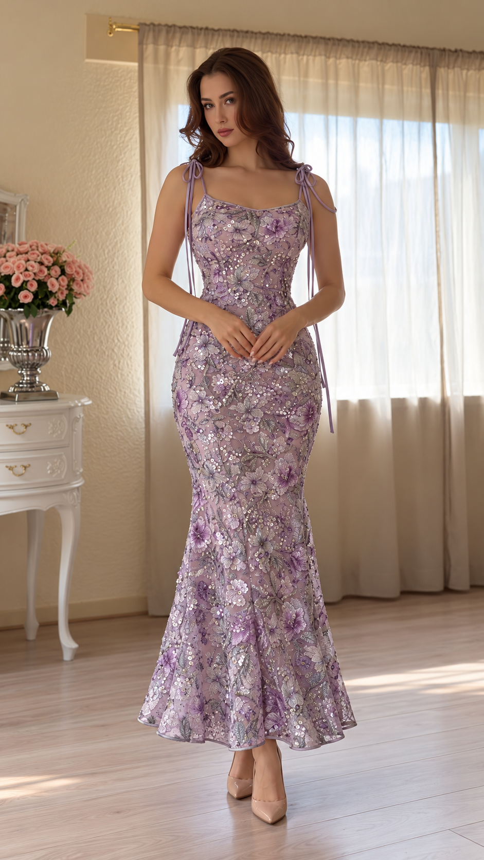 Florelle Floral Sequin Tie-Shoulder Maxi Dress