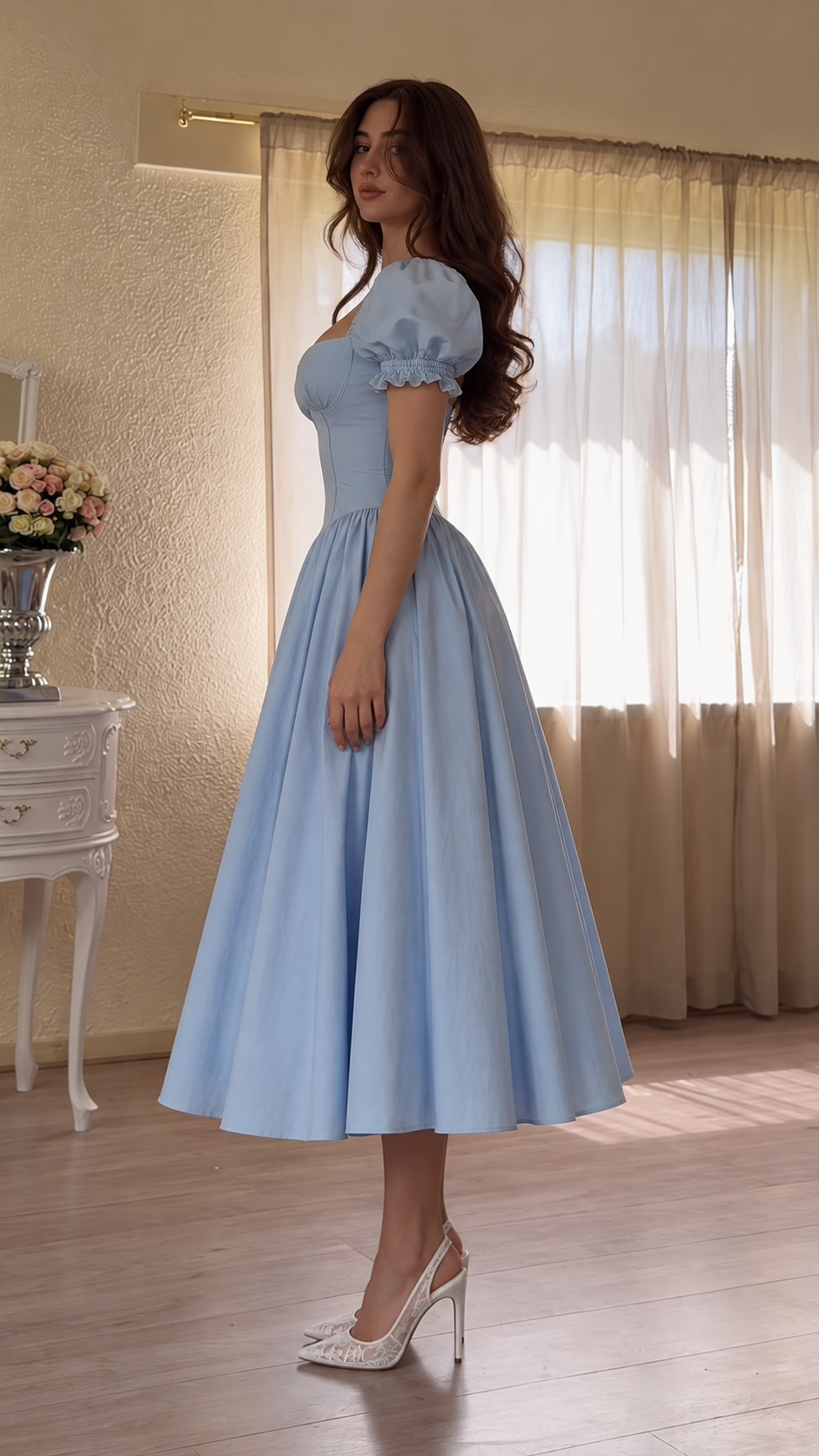 Celestia Puff Sleeve Corset Midi Dress