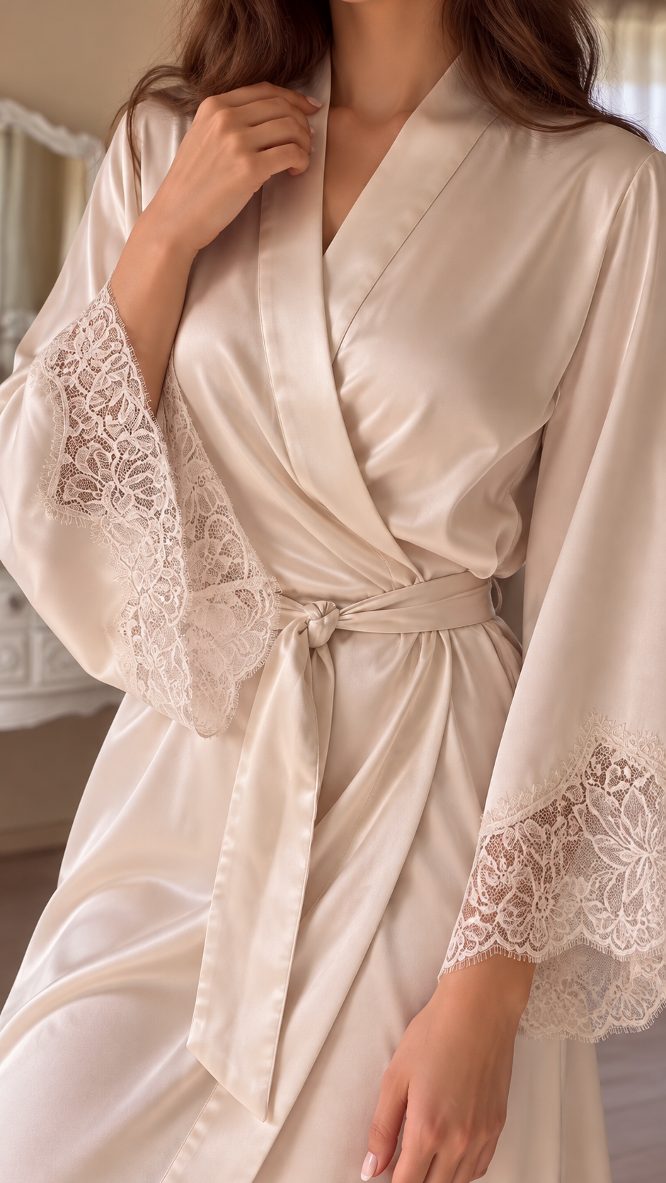 Seraphina Lace-Trim Satin Robe