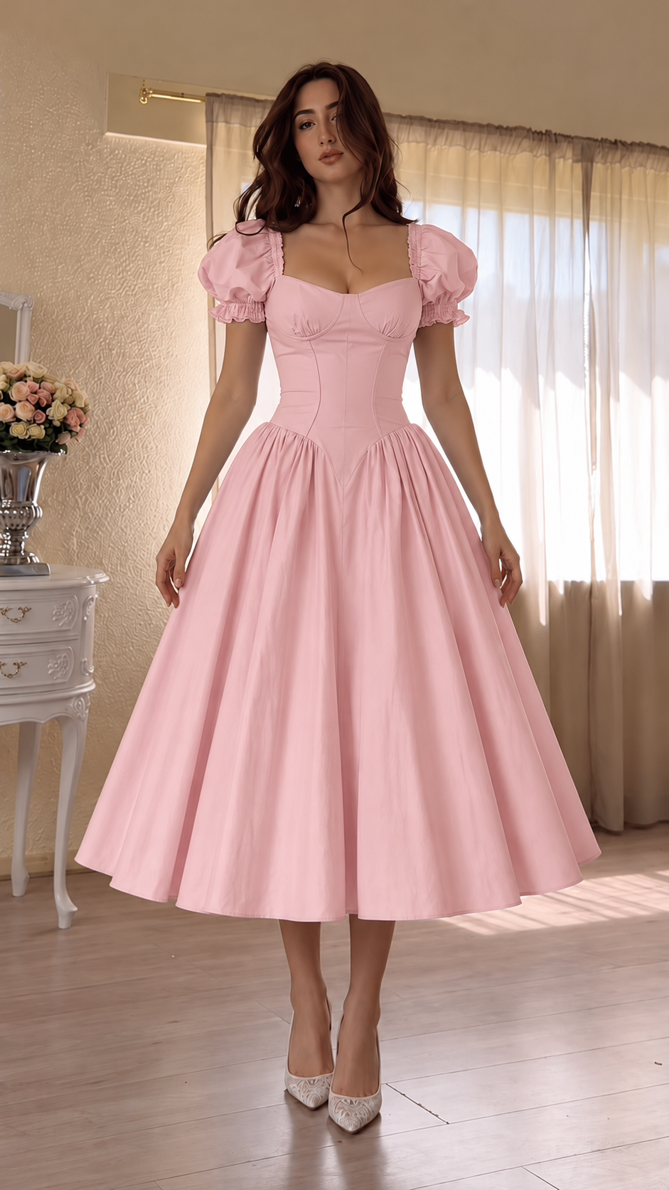 Celestia Puff Sleeve Corset Midi Dress