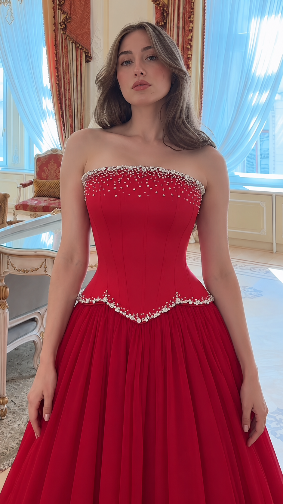 Aurevienne Rhinestone Strapless Corset Maxi Dress