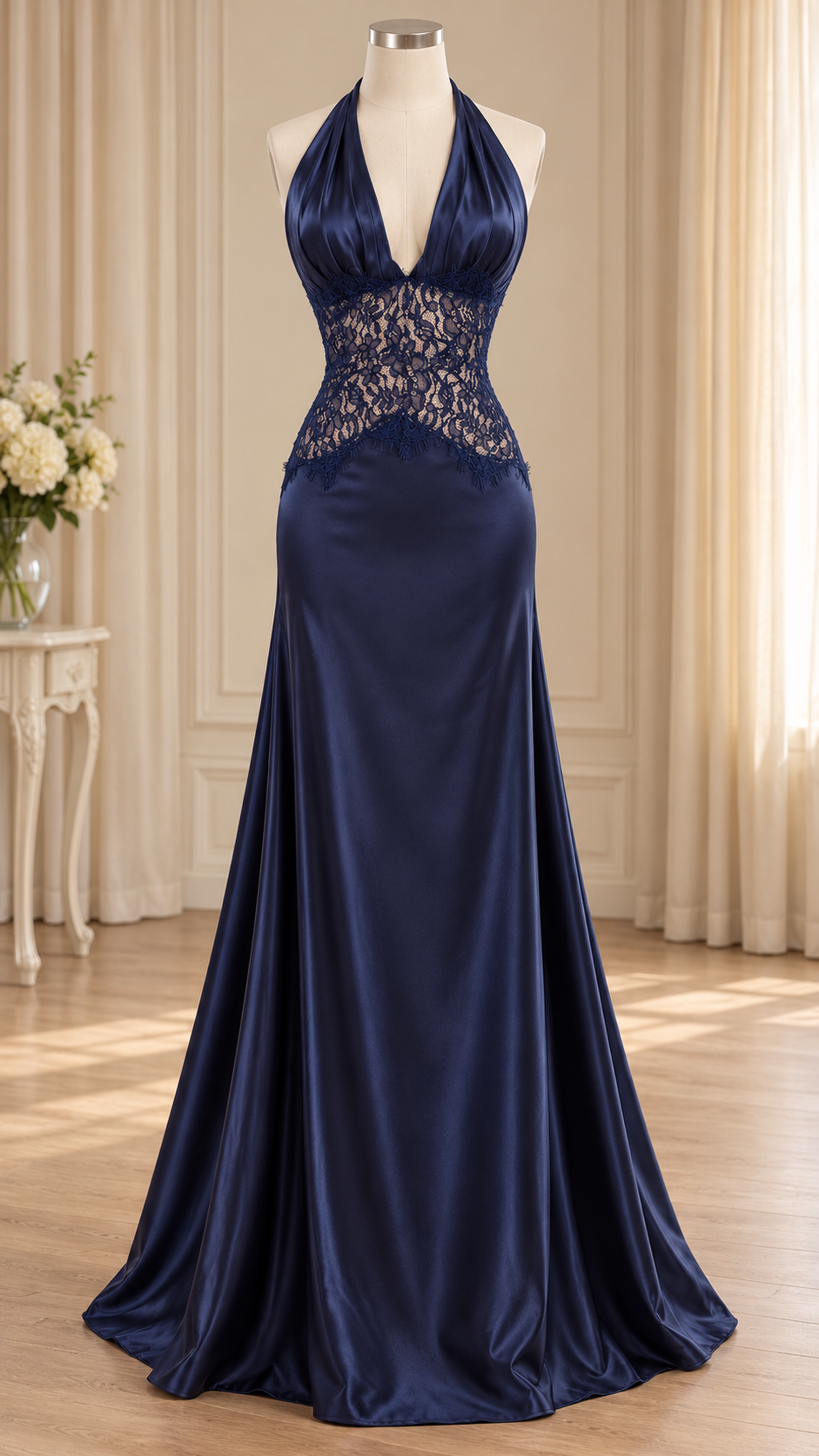 Serenelle Lace Halter Satin Maxi Dress