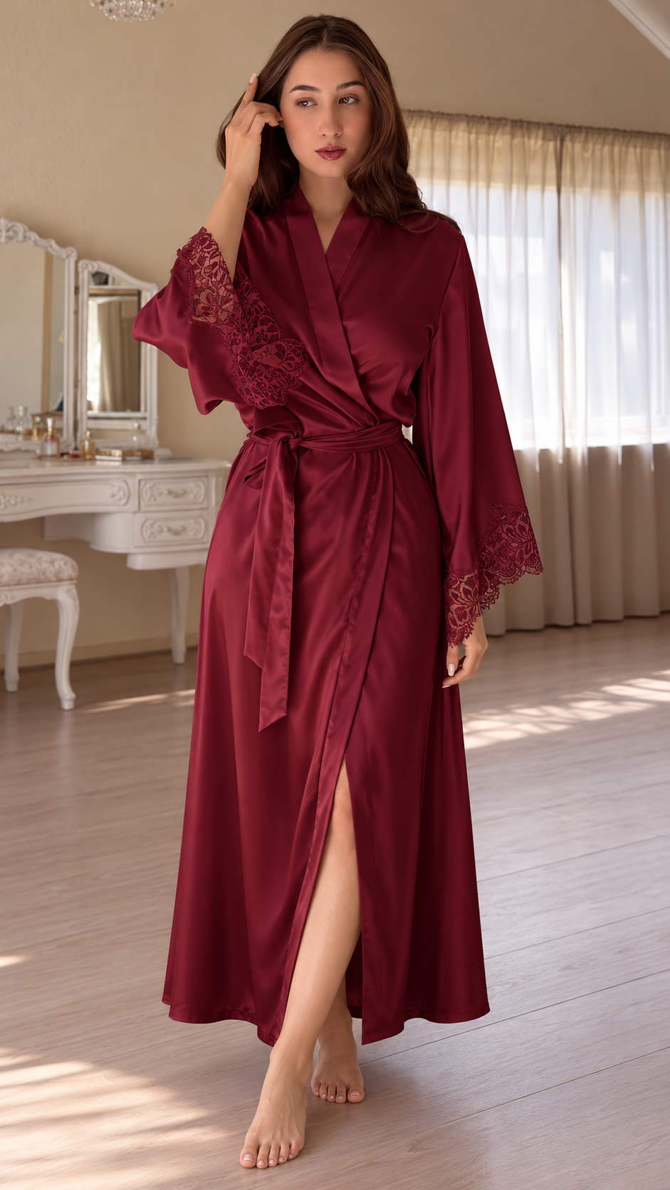 Seraphina Lace-Trim Satin Robe